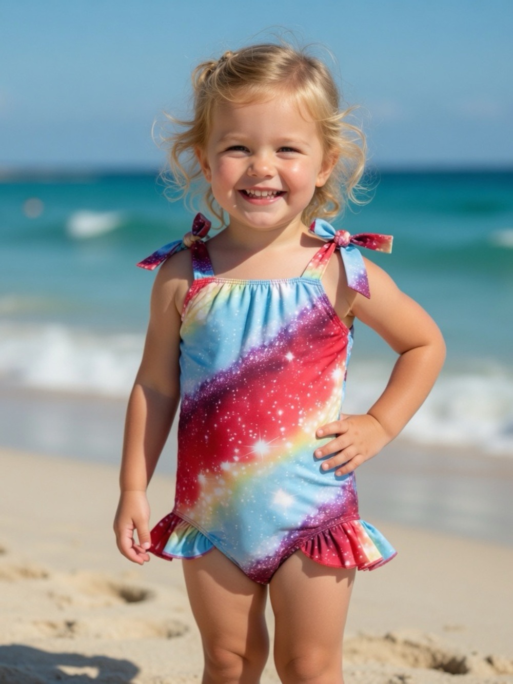 Girl's Rainbow Galaxy One-Piece Swimsuit with Tie Straps